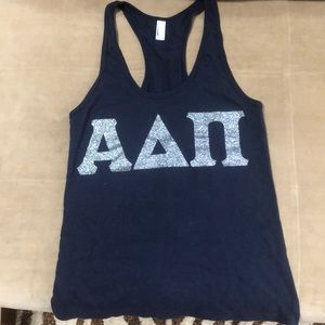 Navy blue w/ silver sparkly letters ADPi tank top